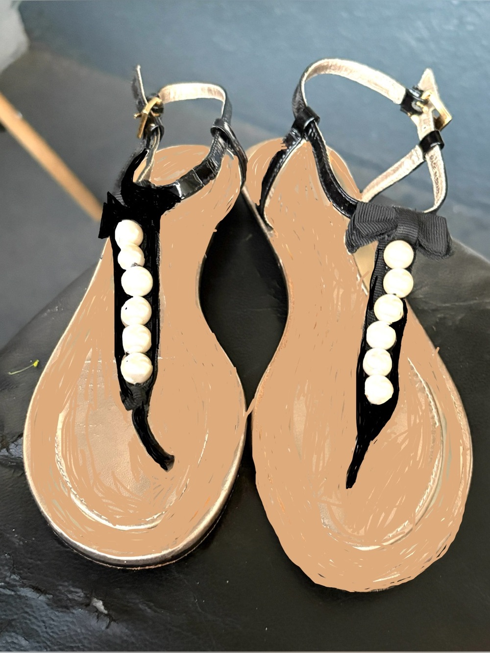 "Kate Spade Ivanka Pearl Bow T-Strap Sandals"
